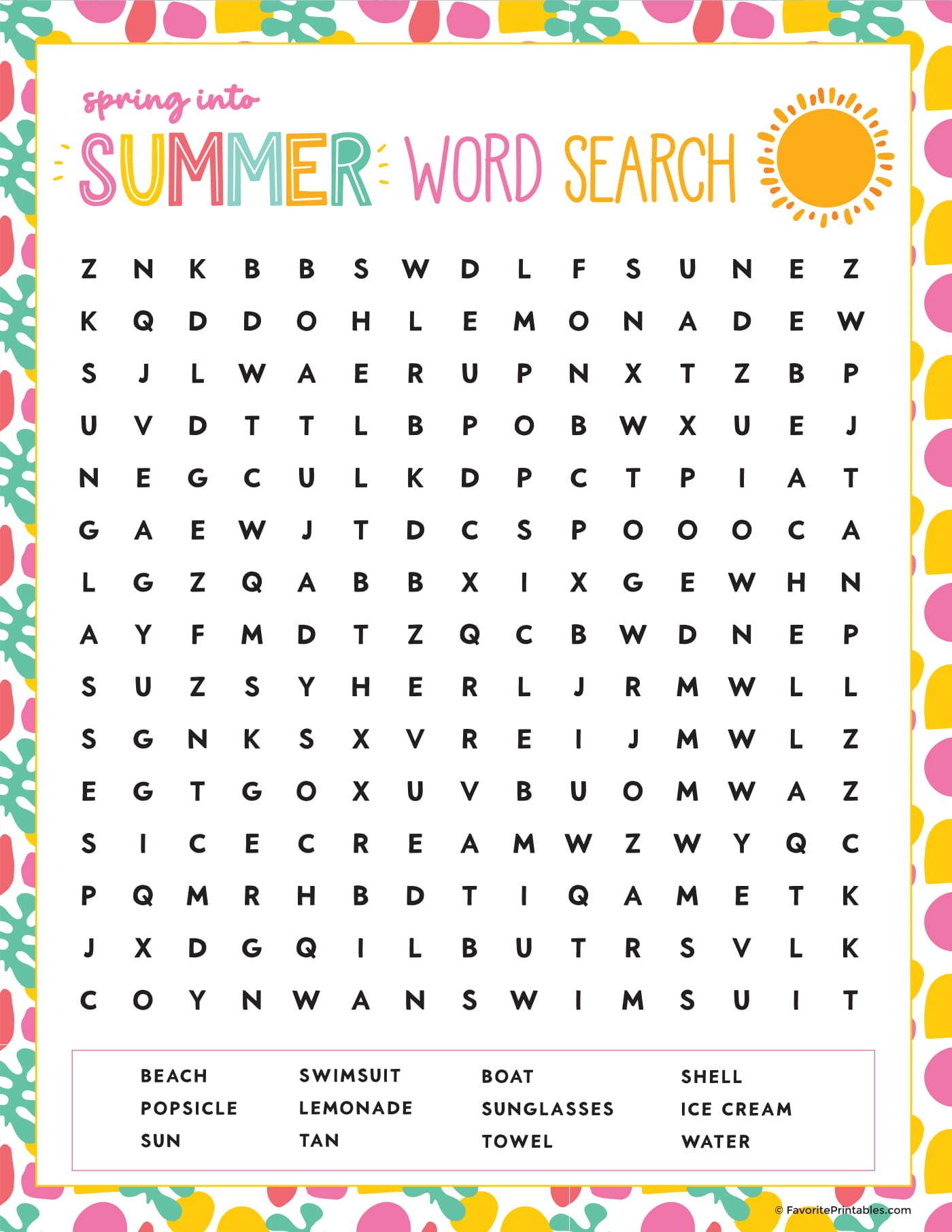 Summer word search printable preview.