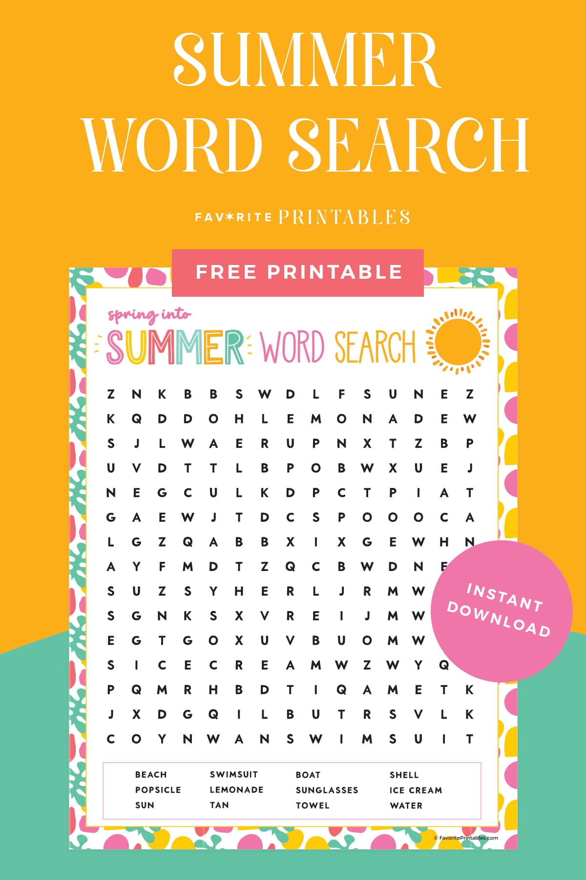 Summer word search printable pin.