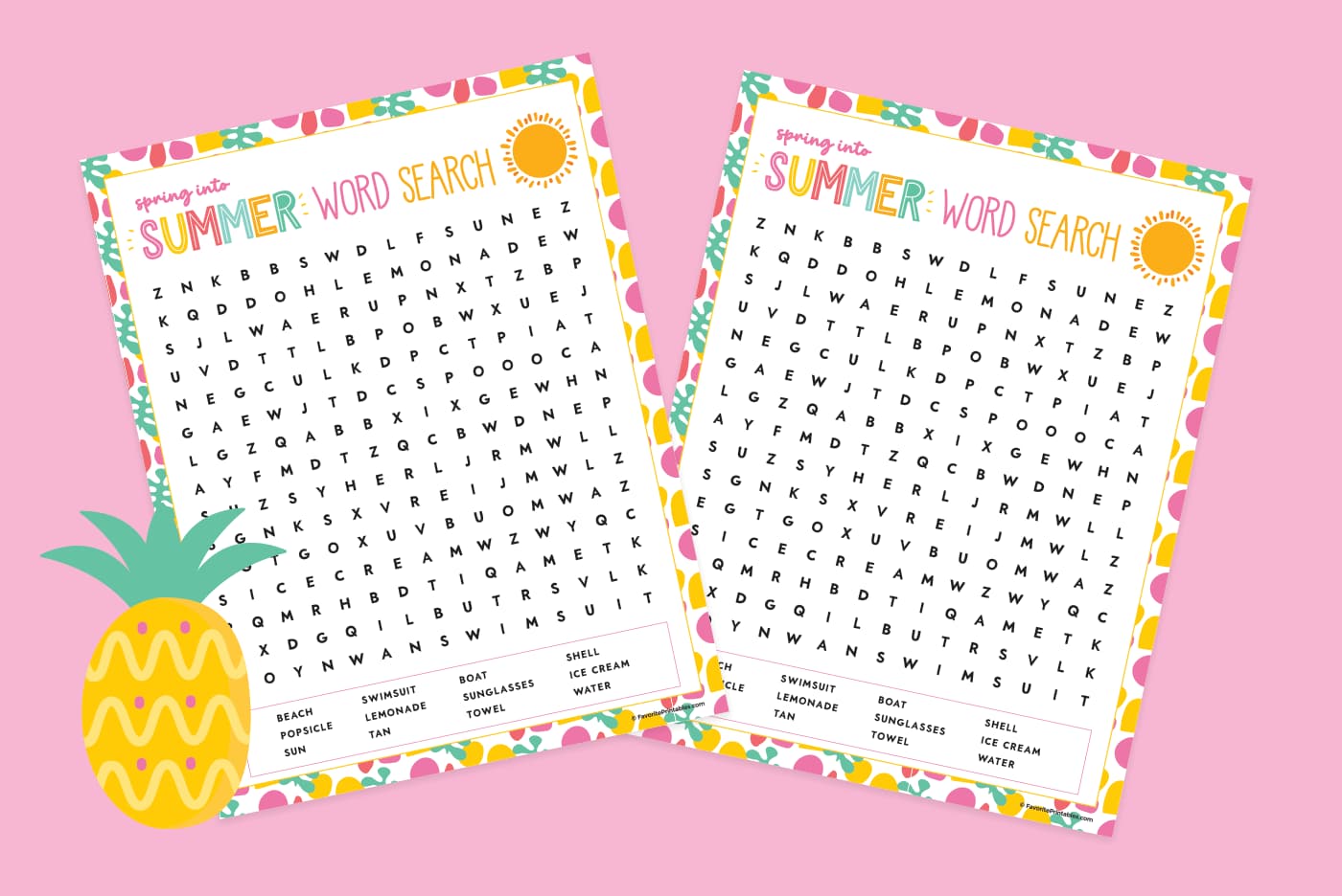 Summer word search printable preview on pink background with pineapple.