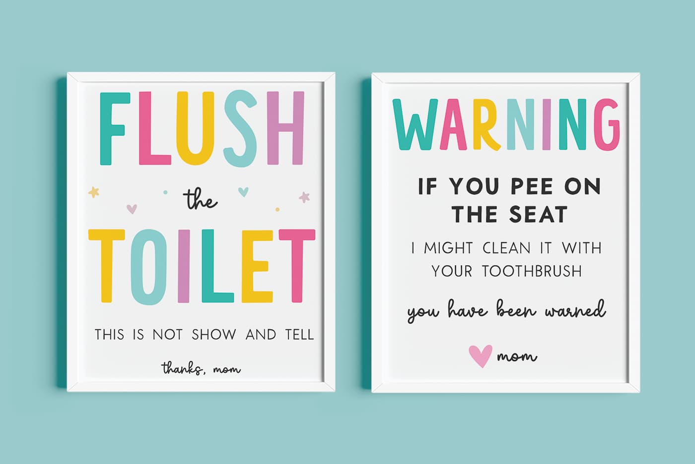 Preview set of framed kids bathroom signs.