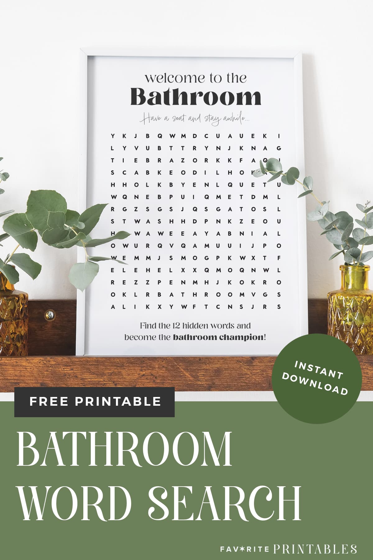 Bathroom word search sign pin.