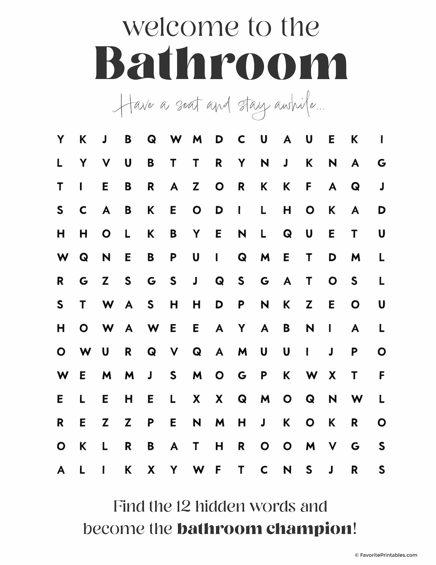 Bathroom word search printable preview.