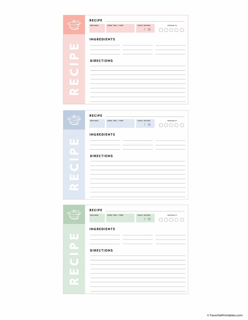 Preview set of recipe cards in pink, blue and green.