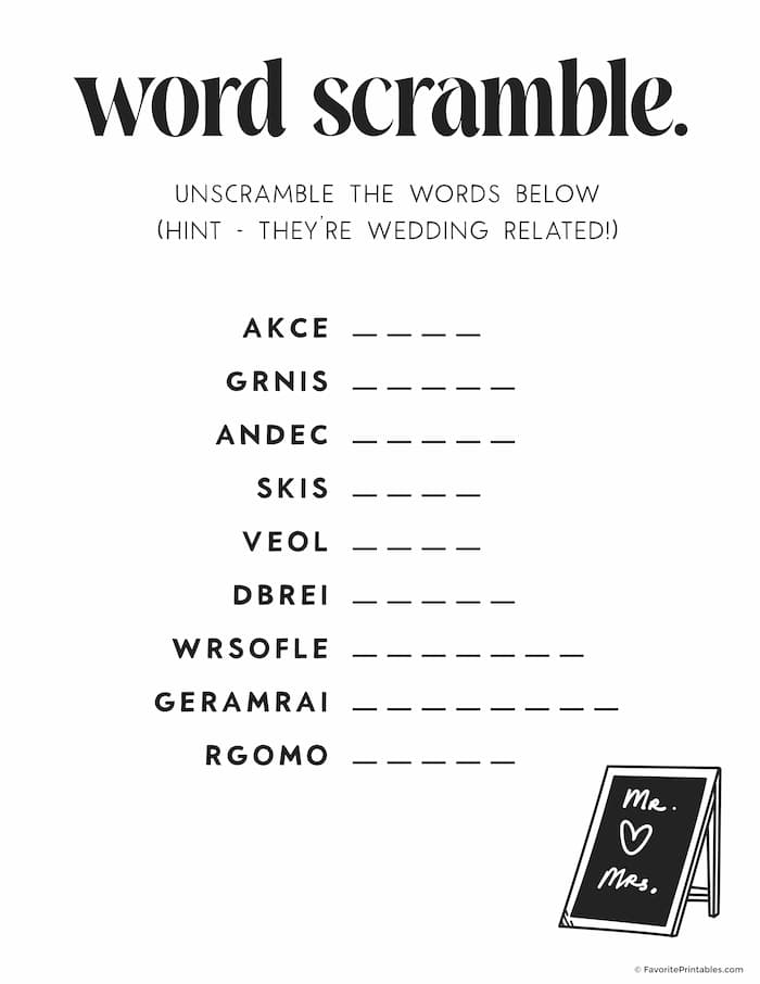 Preview page of "Word scrample" for wedding activity book.