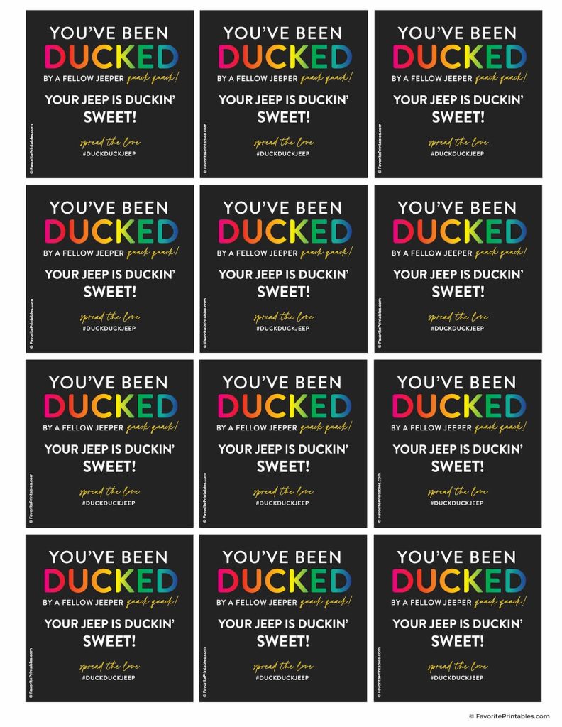 Black set of 12 duck duck jeep printable tags.