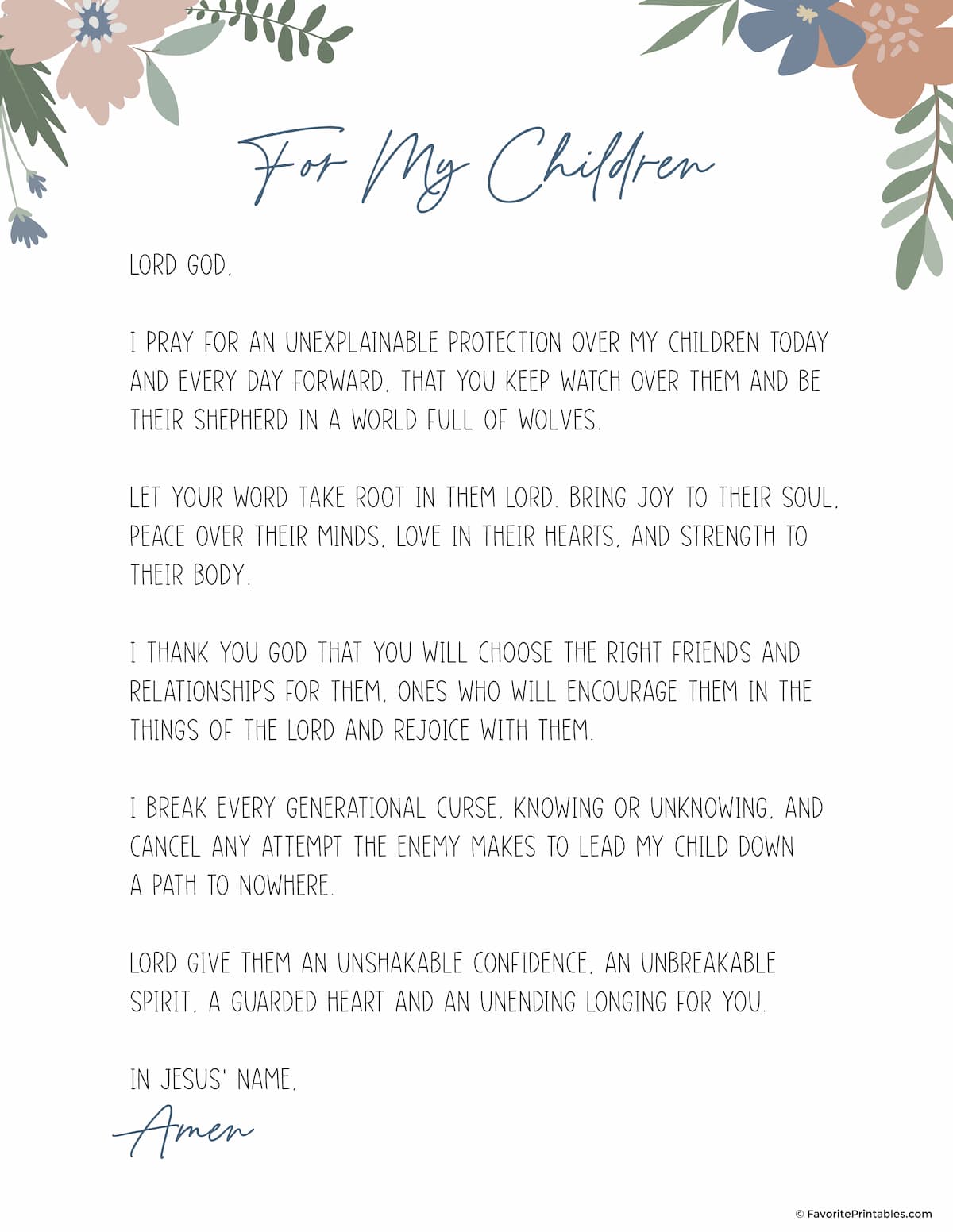 A Prayer For My Children printable preview.