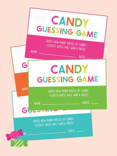 Preview set of printable candy guessing game cards.