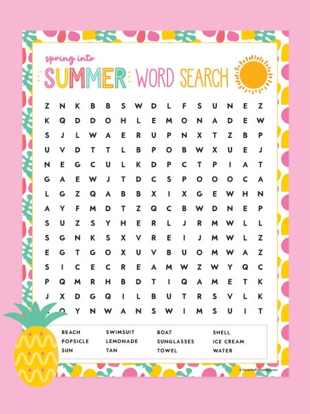 Summer word search printable preview on pink background with pineapple.