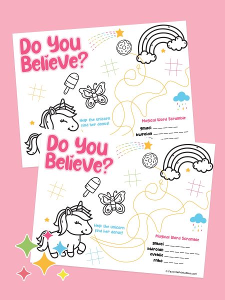 Preview of unicorn activity sheet printable.
