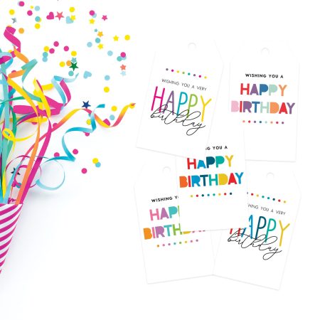 Mockup of free birthday gift tags with confetti.