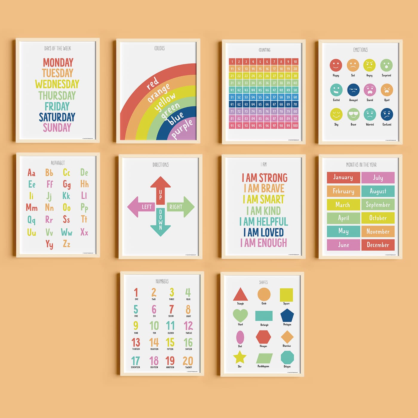 Preview set of 10 printable educational posters in frames.