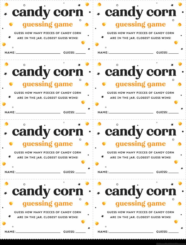 Free printable candy corn guessing game cards.