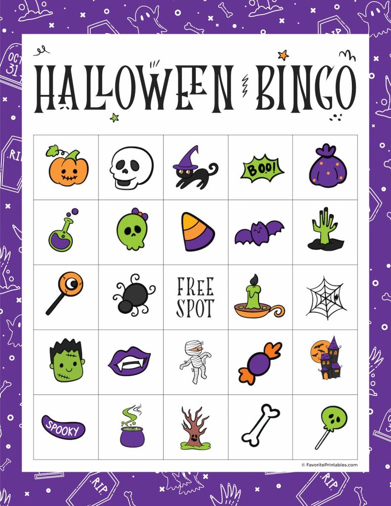 Free printable Halloween bingo game card in purple.