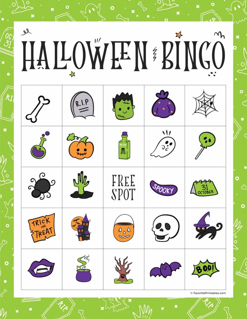 Free printable Halloween bingo game card in green.