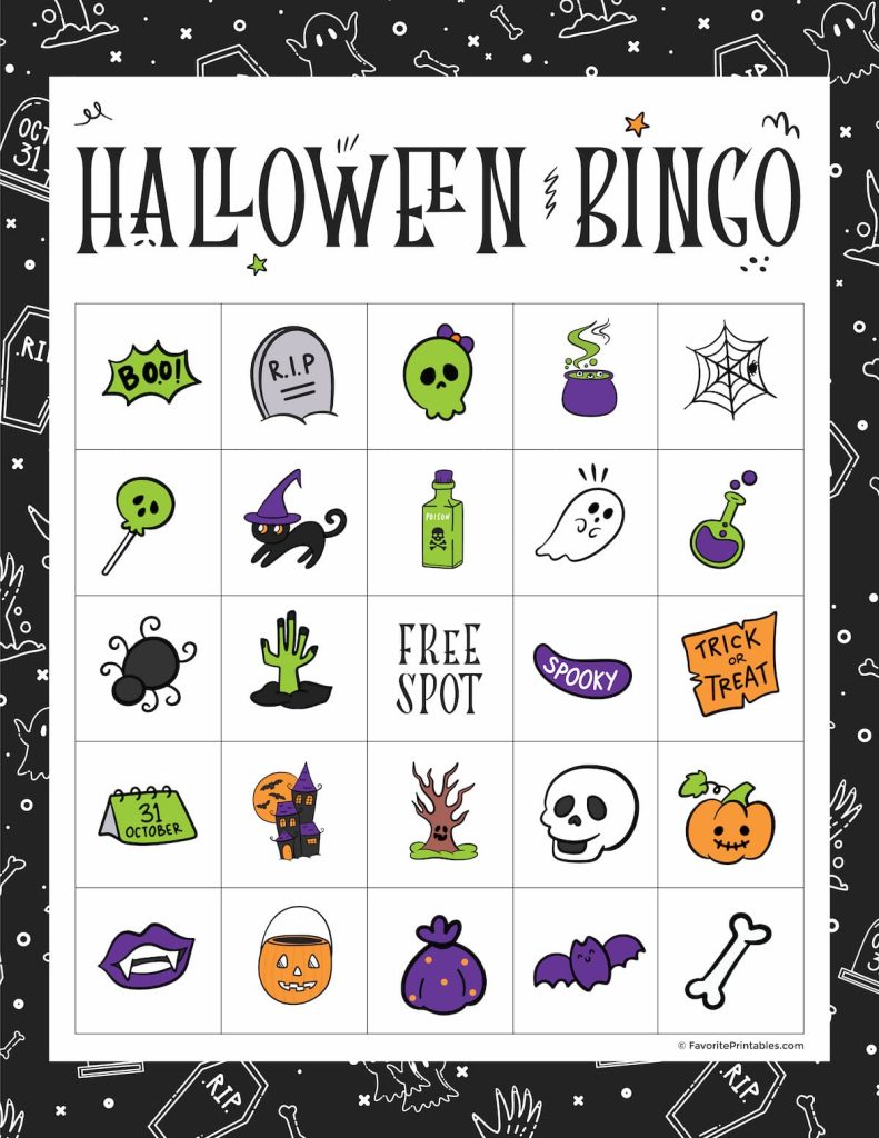 Free printable Halloween bingo game card in black.