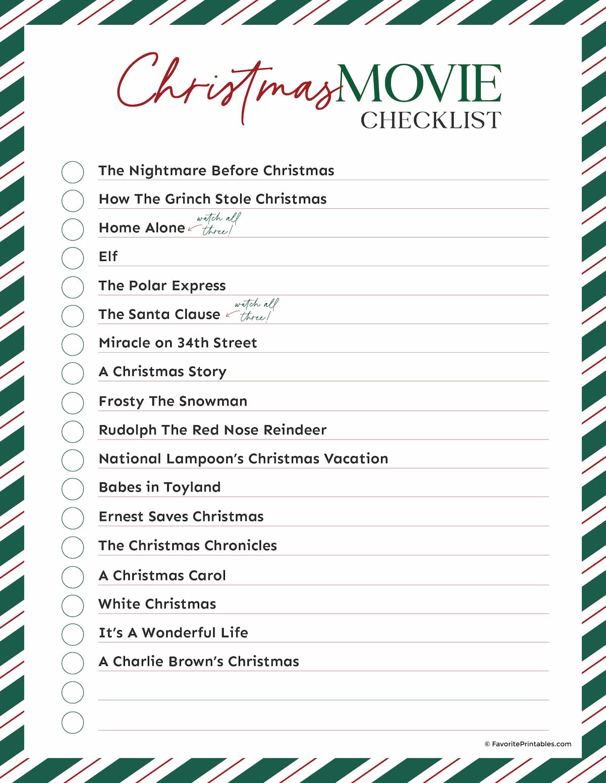 Free printable Christmas movie night checklist.