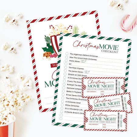 Free printable Christmas movie night checklist and tickets.