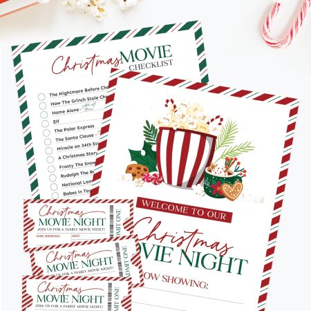 Free printable Christmas movie night checklist and tickets.