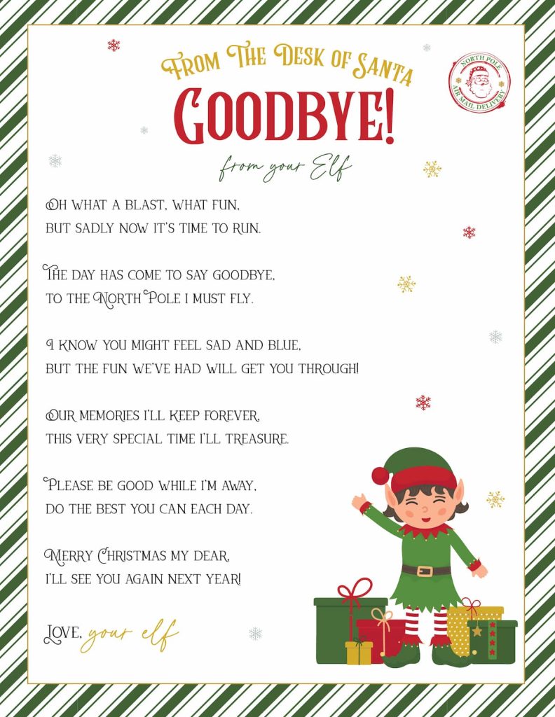 Free printable Elf On The Shelf goodbye letter.