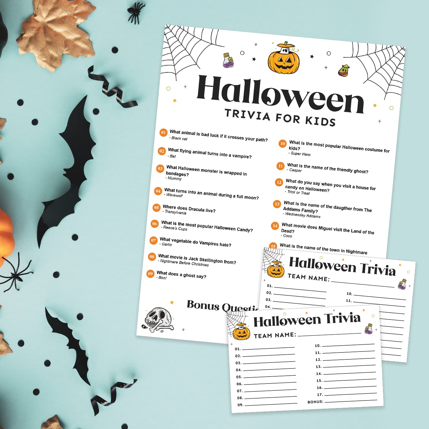 Free Printable Halloween Trivia Game For Kids preview set.