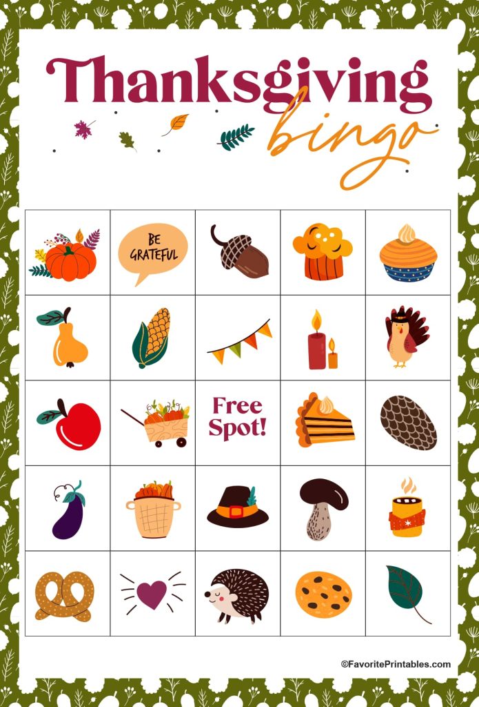 Free printable Thanksgiving bingo card in green.