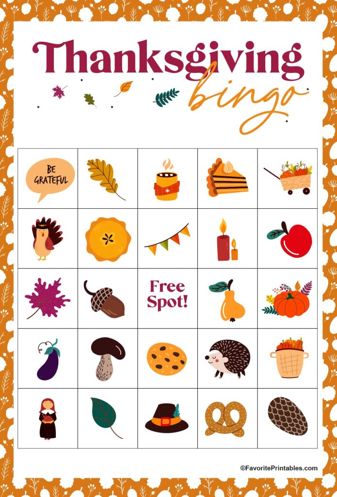 Free printable Thanksgiving bingo card in orange.