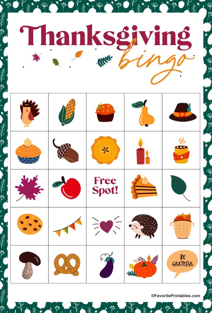 Free printable Thanksgiving bingo card in green.