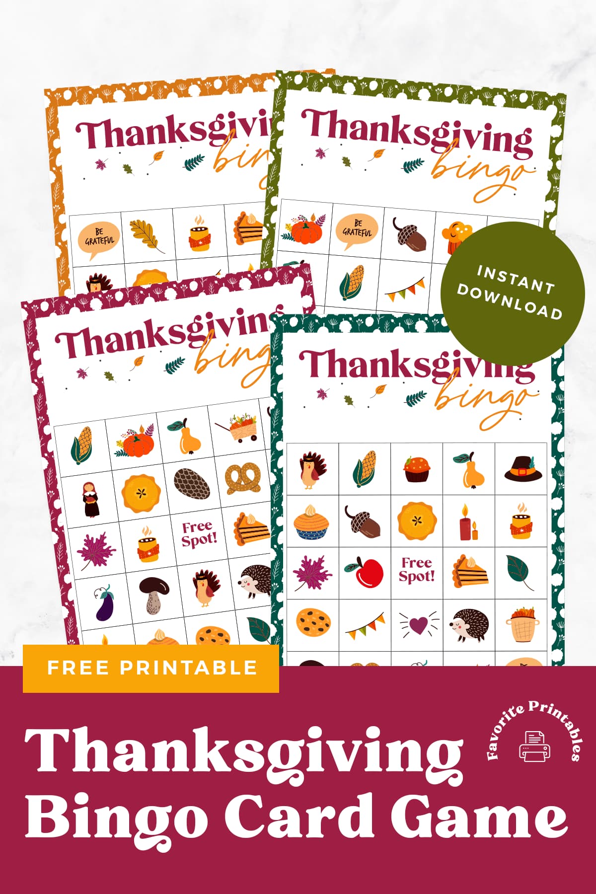 Free printable Thanksgiving bingo cards pin.