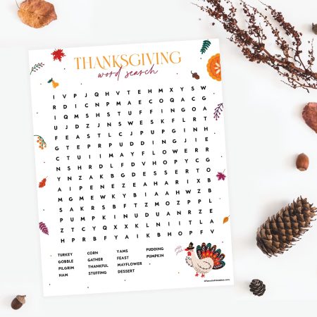 Free printable Thanksgiving word search preview.