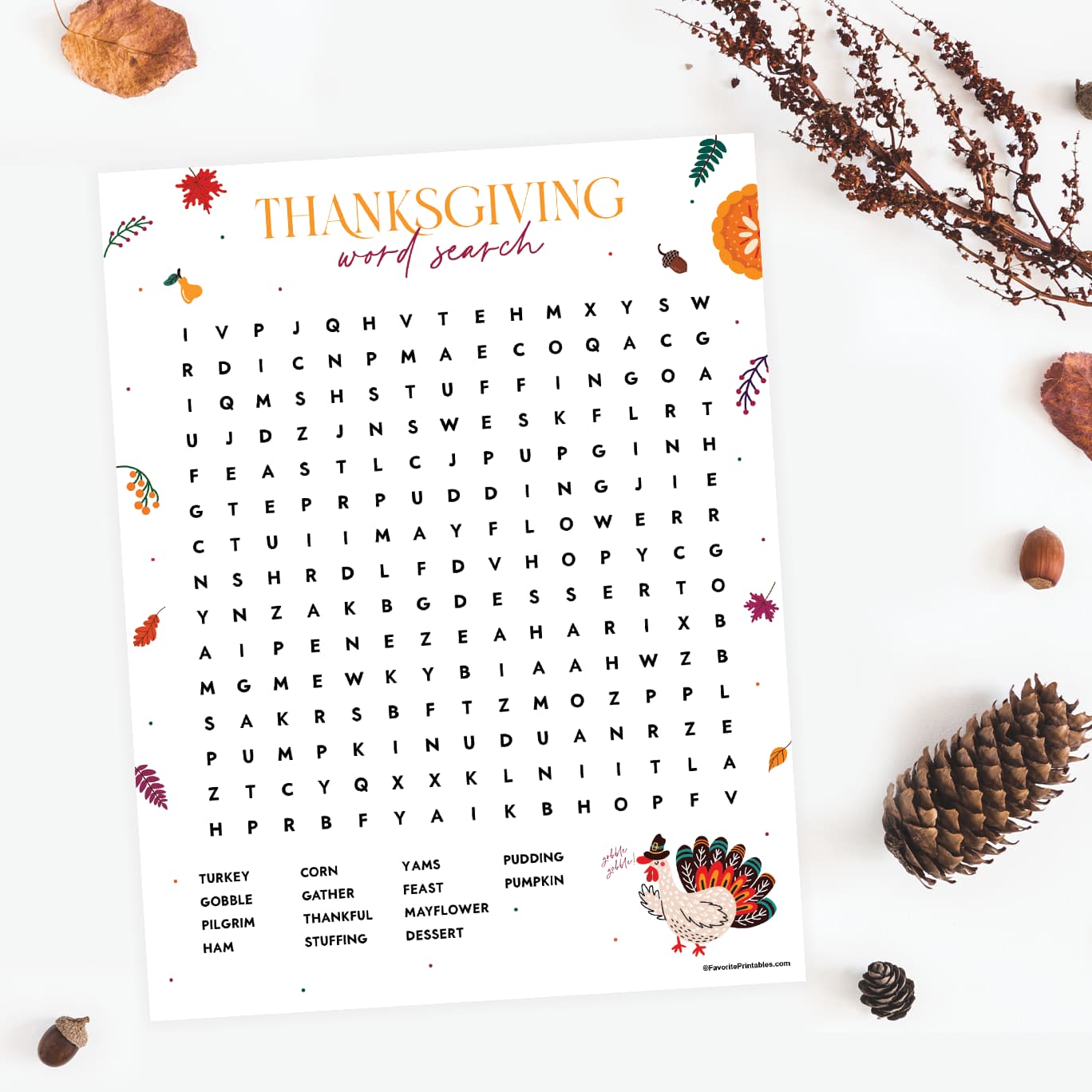 Free printable Thanksgiving word search preview.