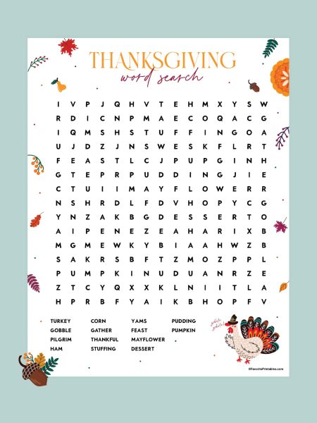 Free printable Thanksgiving word search preview.