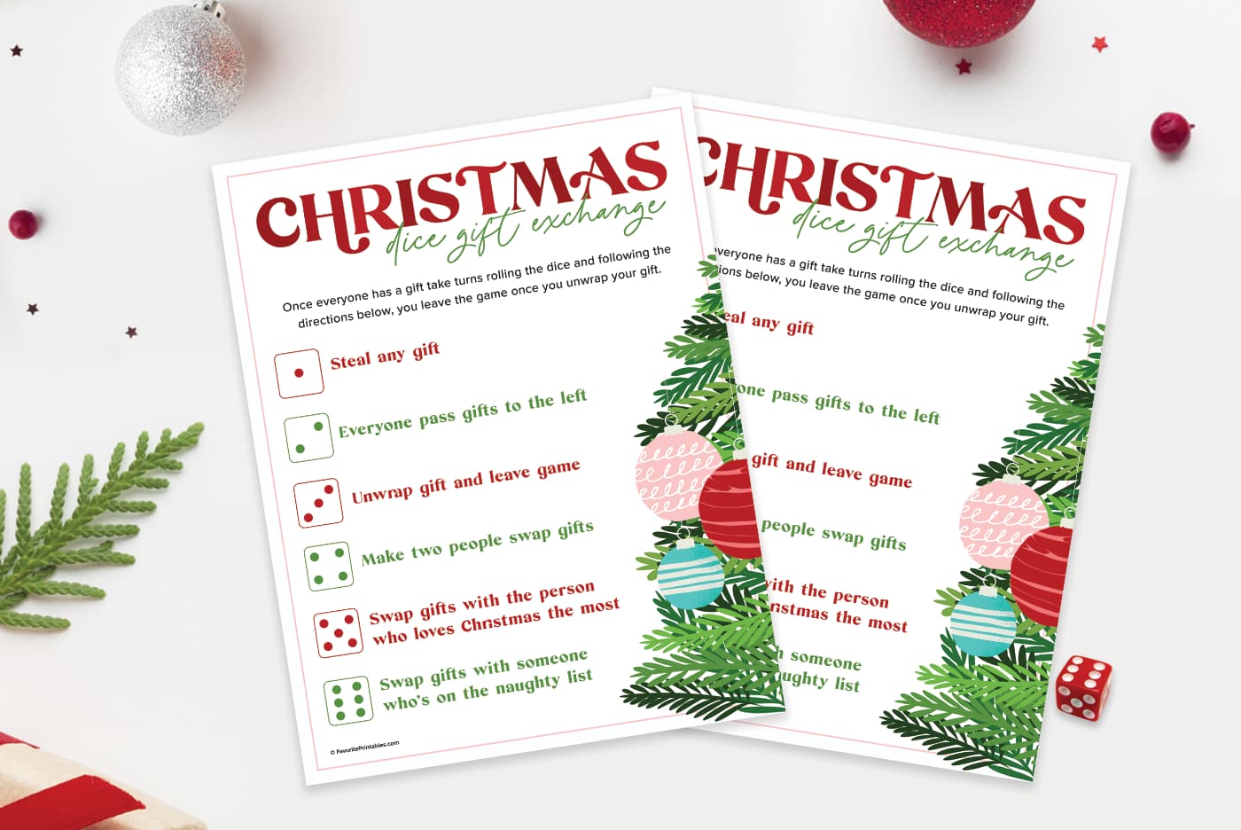Christmas dice game free printable template preview.