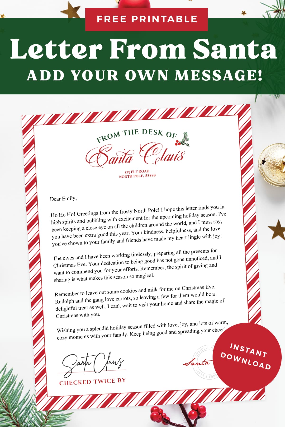 Letter from Santa free printable pin.