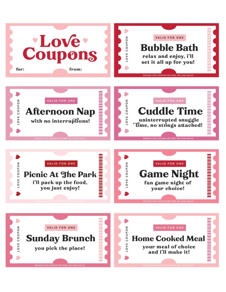 Valentines Day Coupon Book, FREE Printable Set of 16! - Favorite Printables