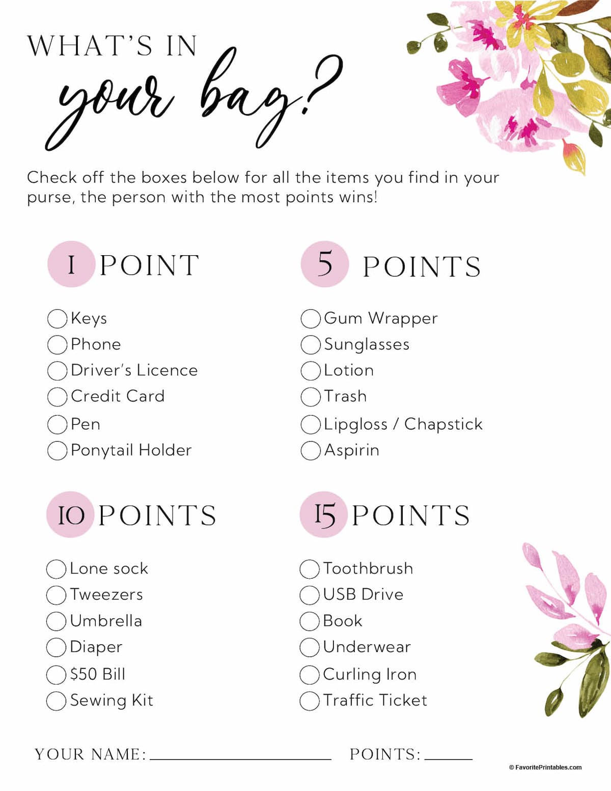 Printable bridal shower Whats In Your Purse game.