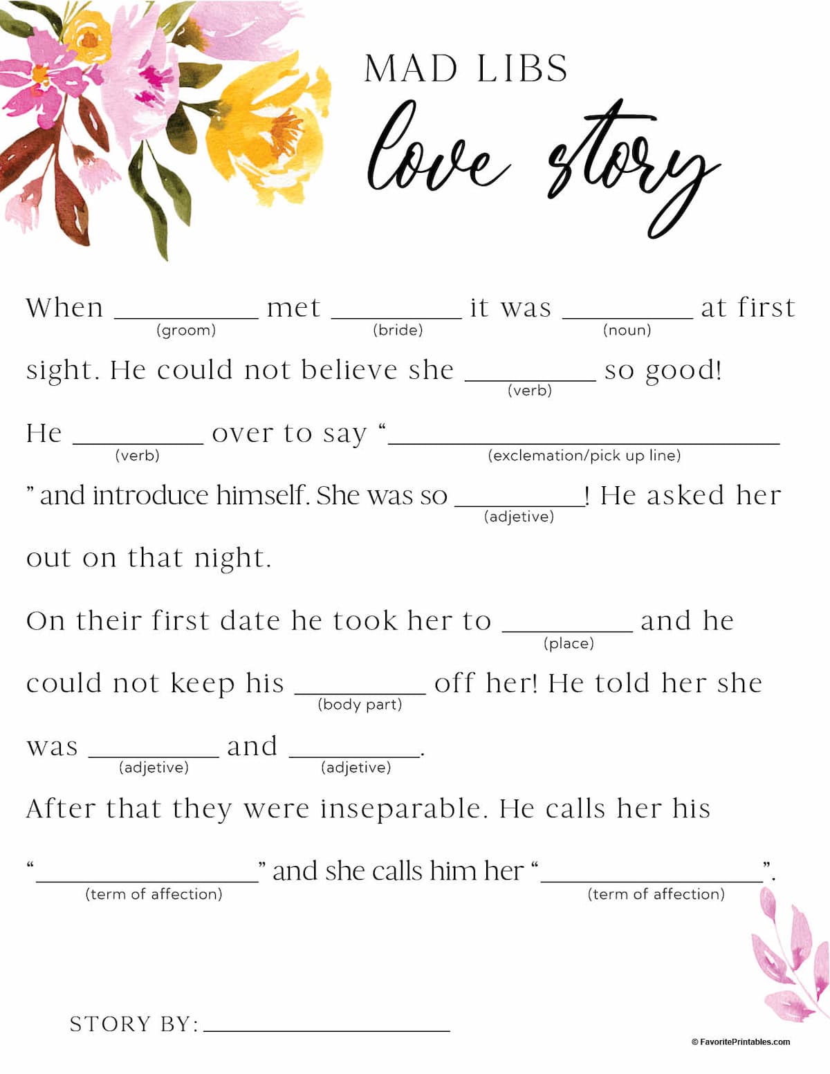 Printable bridal shower love story mad lib.