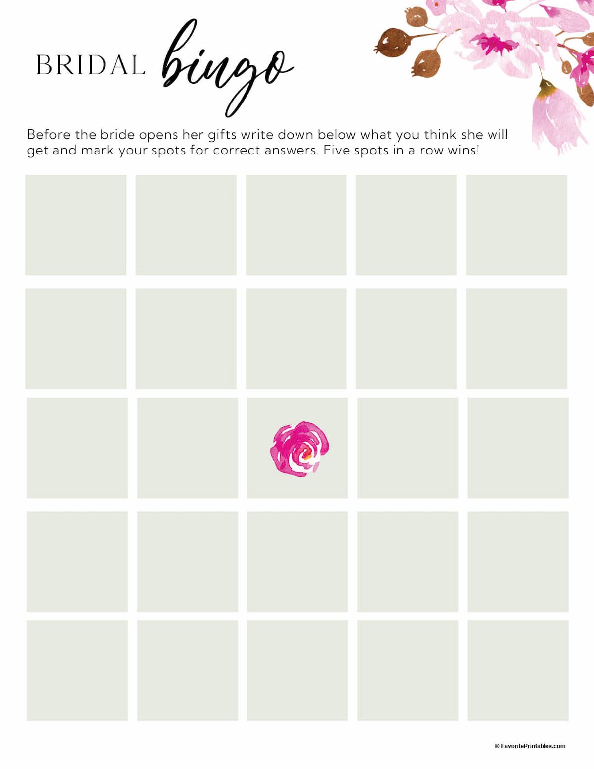 Printable bridal shower bingo.