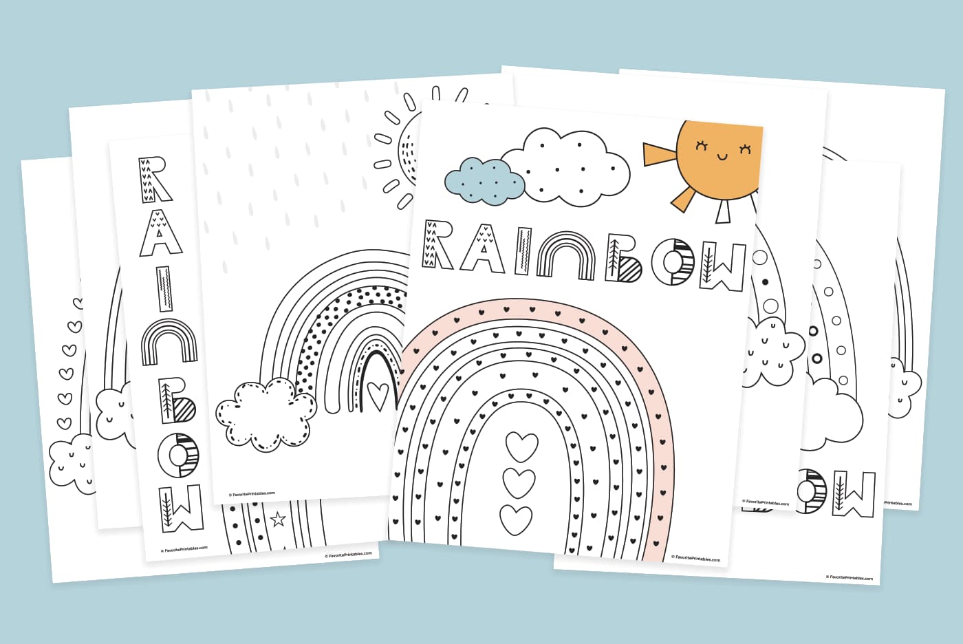 Free printable rainbow coloring pages.