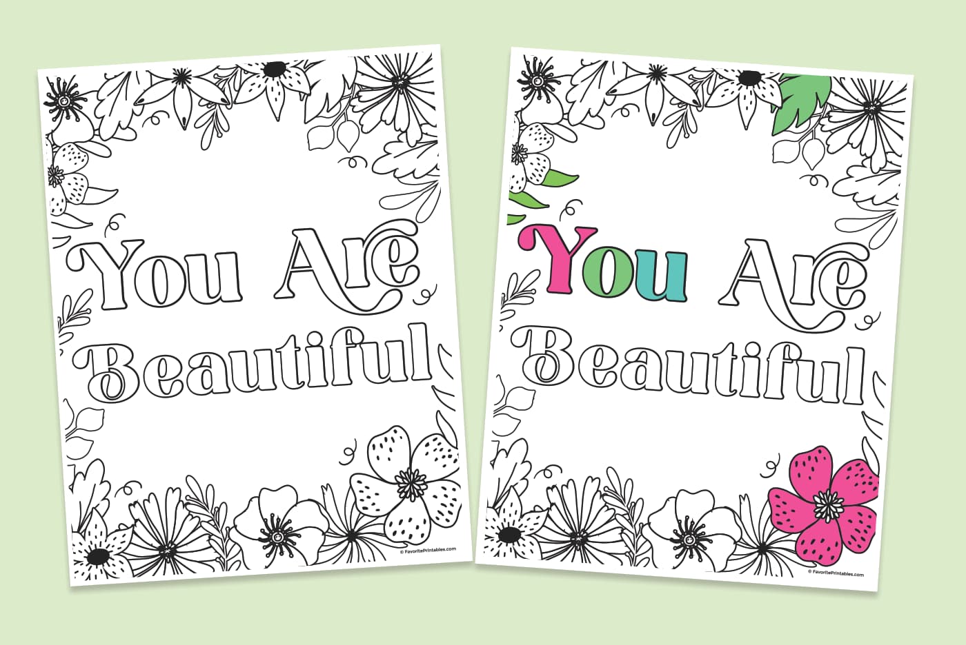 Free printable You Are Beautiful coloring page set of two preview.