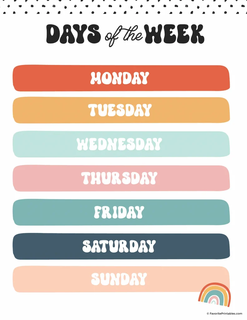 Free groovy classroom printable days of the week.