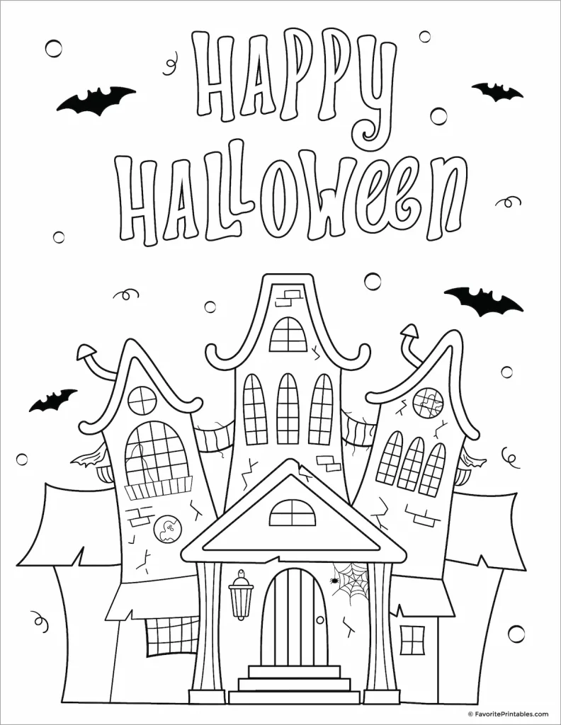 Free printable Halloween coloring page of scary haunted house.