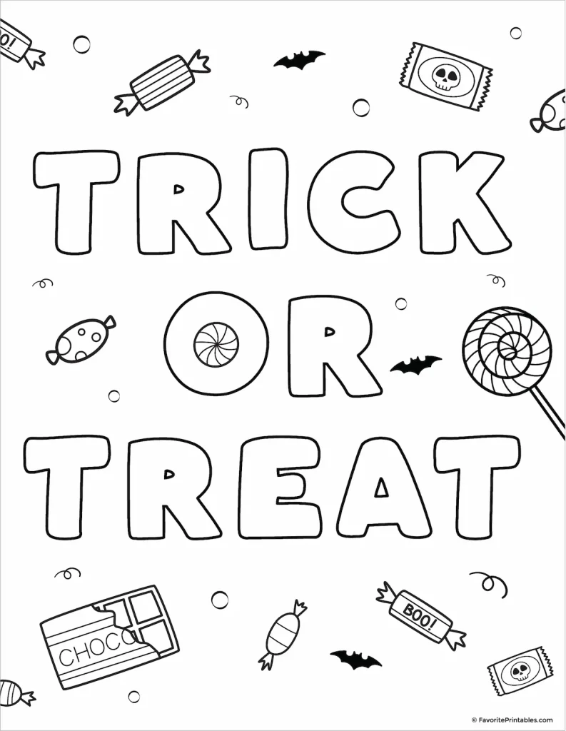 Free printable Halloween coloring page of trick or treat.