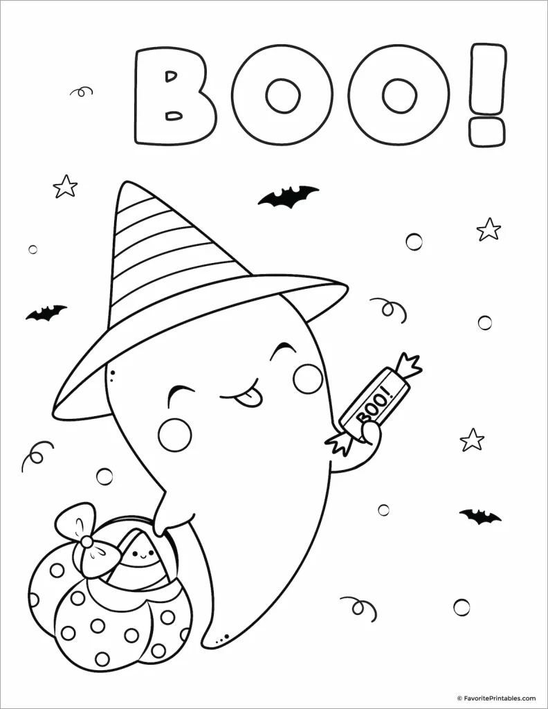 Free printable Halloween coloring page of boo ghost.