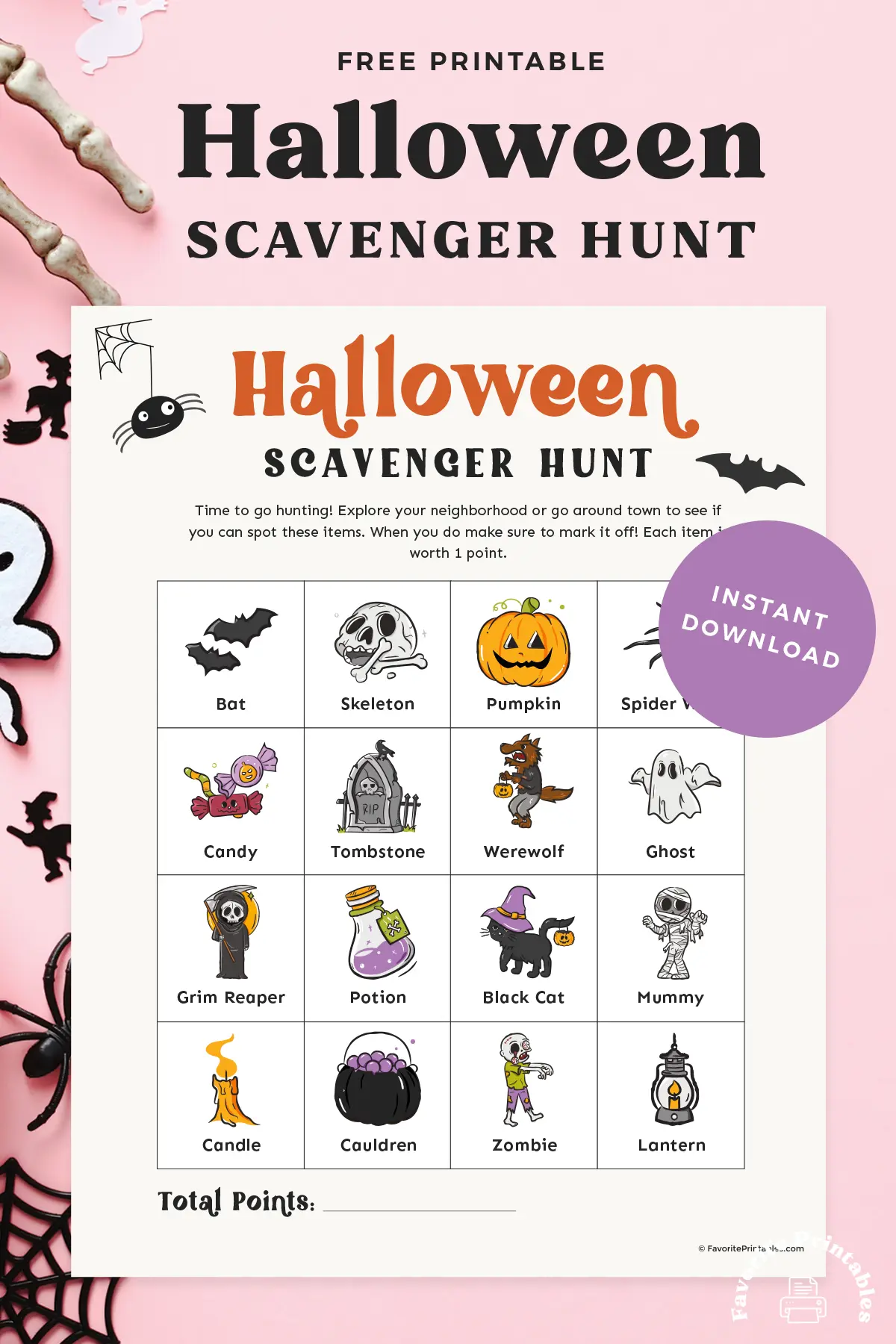 Free printable Halloween scavenger hunt pin.