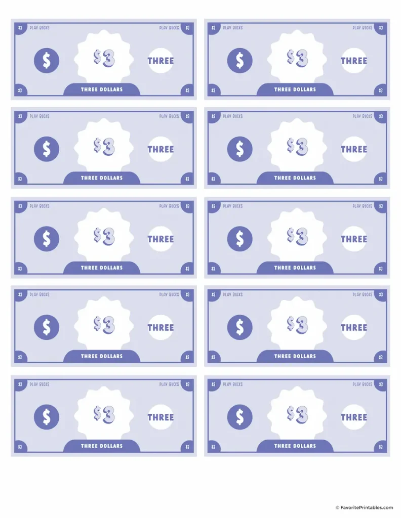 Free printable kids play money 3 dollar bills