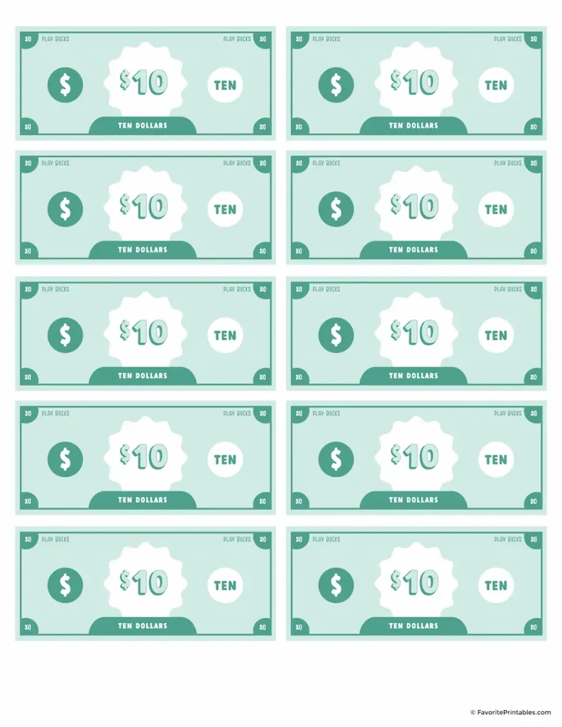 Free printable kids play money 10 dollar bills