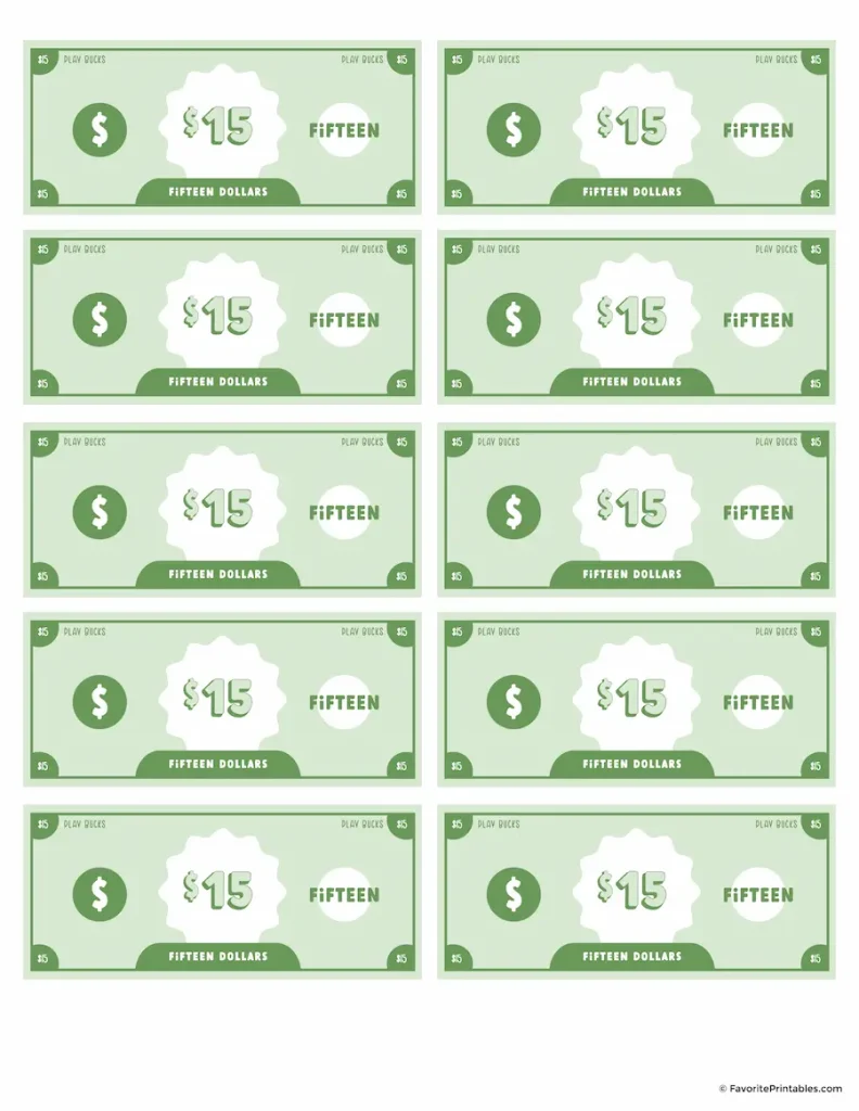 Free printable kids play money 15 dollar bills