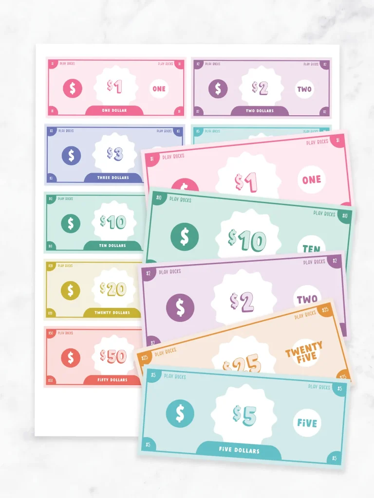 Free printable kids play money preview set