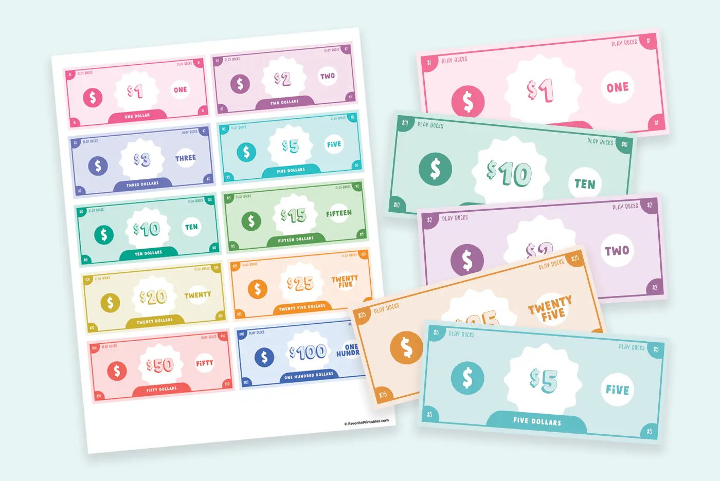 Free printable kids play money preview set