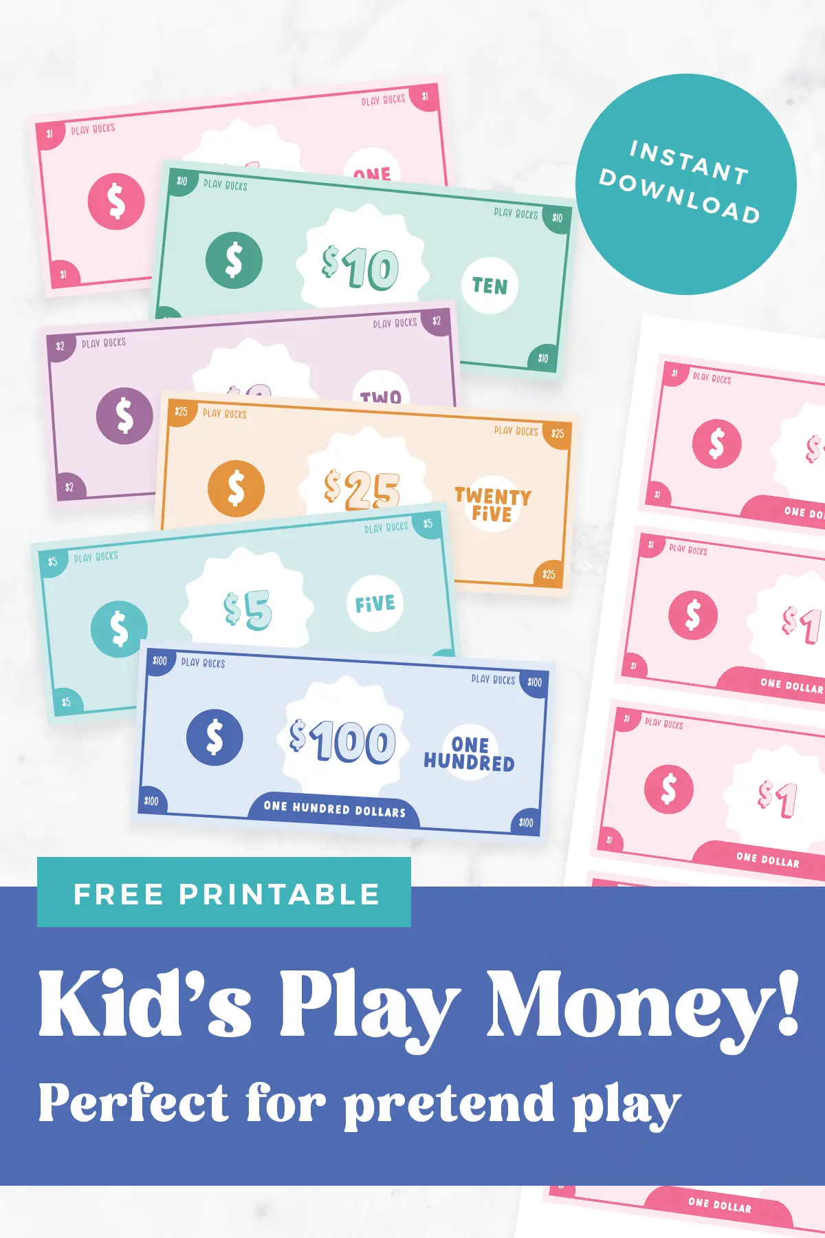 Free printable kids play money pin